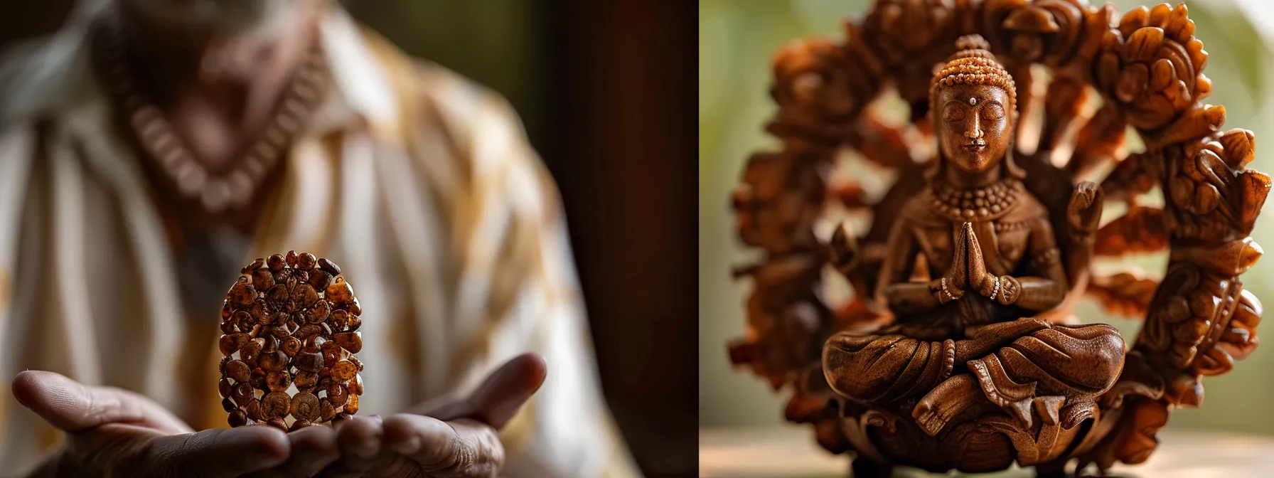 a serene photo of someone meditating peacefully with a one mukhi rudraksha necklace, surrounded by a tranquil aura of focus and inner peace.