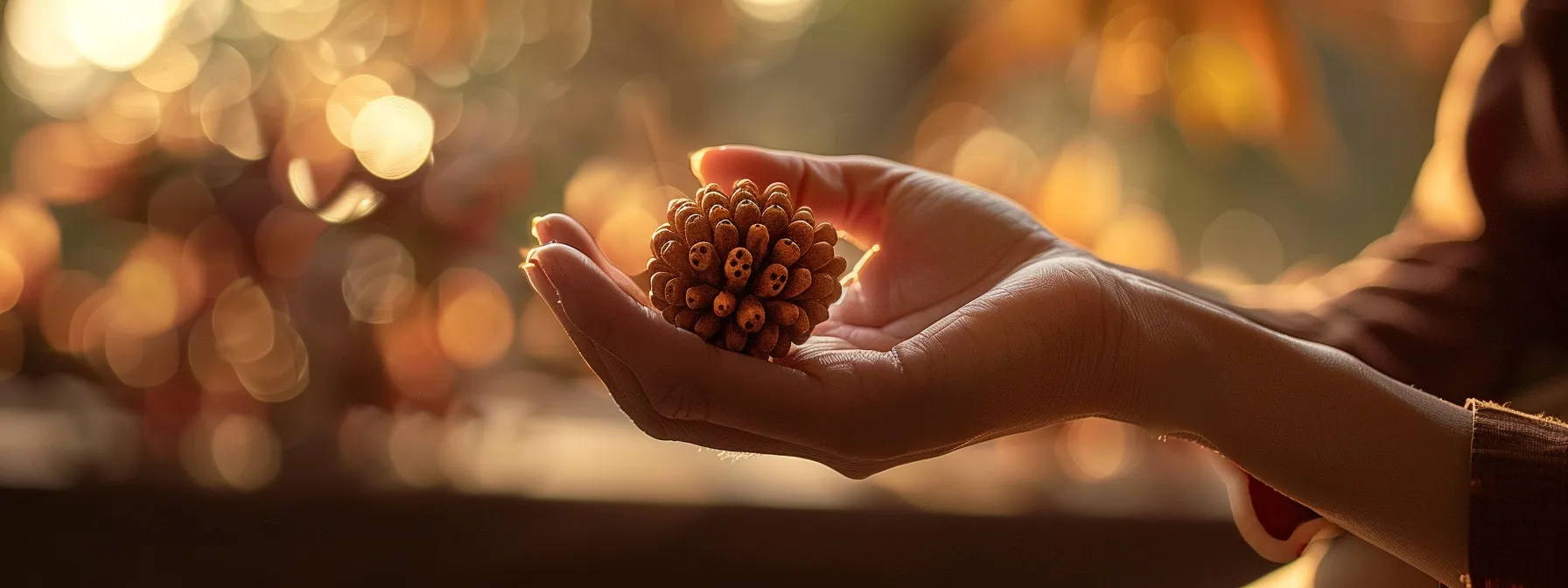 a serene photograph of a person meditating with a nineteen mukhi rudraksha bead, surrounded by soft, ethereal light to symbolize inner peace and spiritual connection.