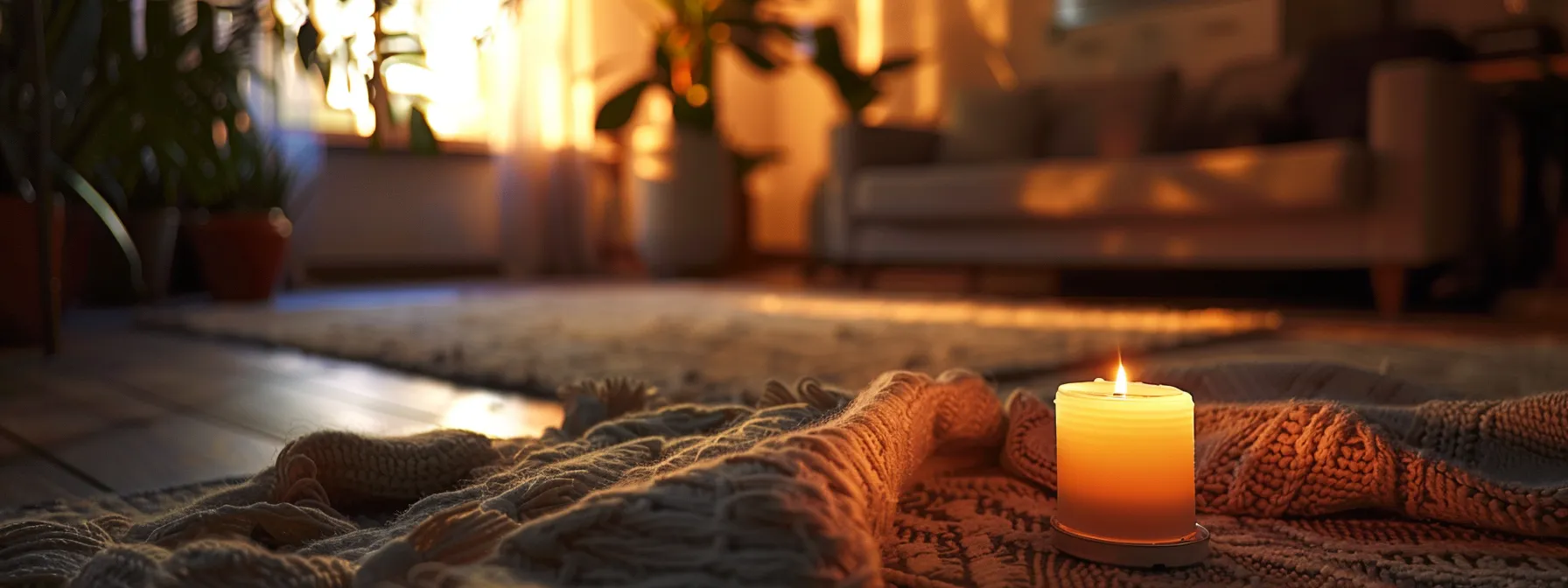 a serene room with soft lighting, cozy blankets, and a flickering candle, creating a peaceful environment for heart coherence practice.