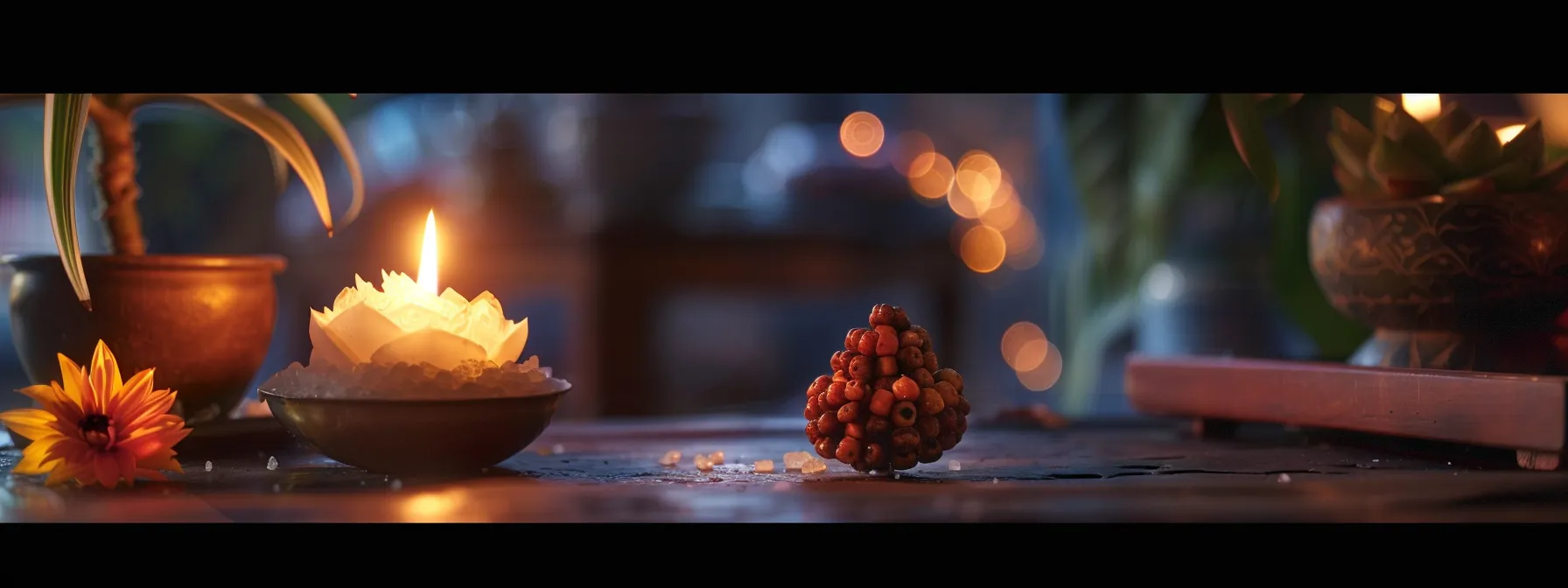 a serene, sacred altar with a glowing eleven mukhi rudraksha being purified by flickering candlelight.