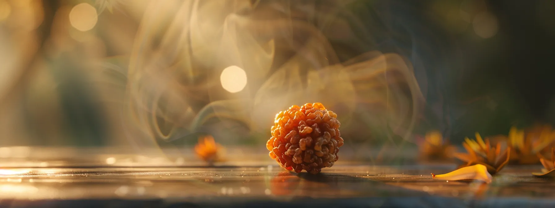 a serene image of a single mukhi rudraksha bead resting on a bed of fresh rose petals, exuding a powerful spiritual energy.