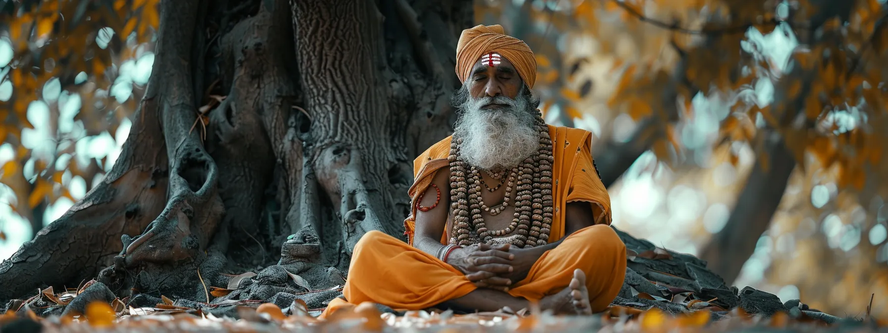 a serene sage meditating under a sacred tree adorned with the powerful three mukhi rudraksha.