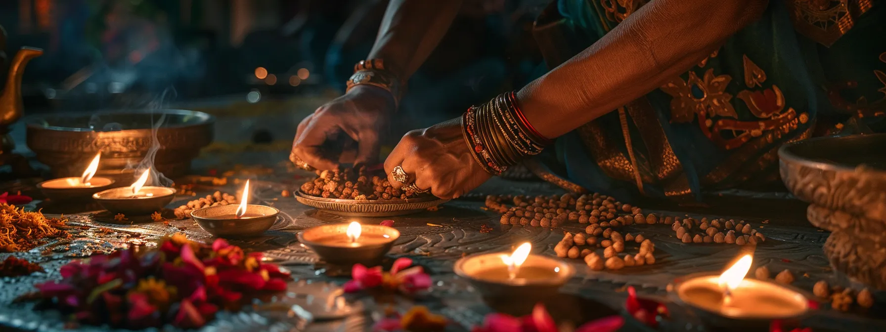 a serene scene of a devotee carefully purifying the rudraksha beads before the puja, surrounded by sacred offerings and lit candles.