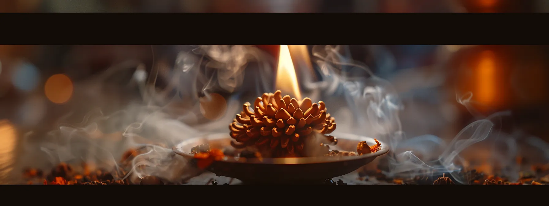 a serene scene of a glowing twenty mukhi rudraksha surrounded by incense smoke during a purification ceremony.