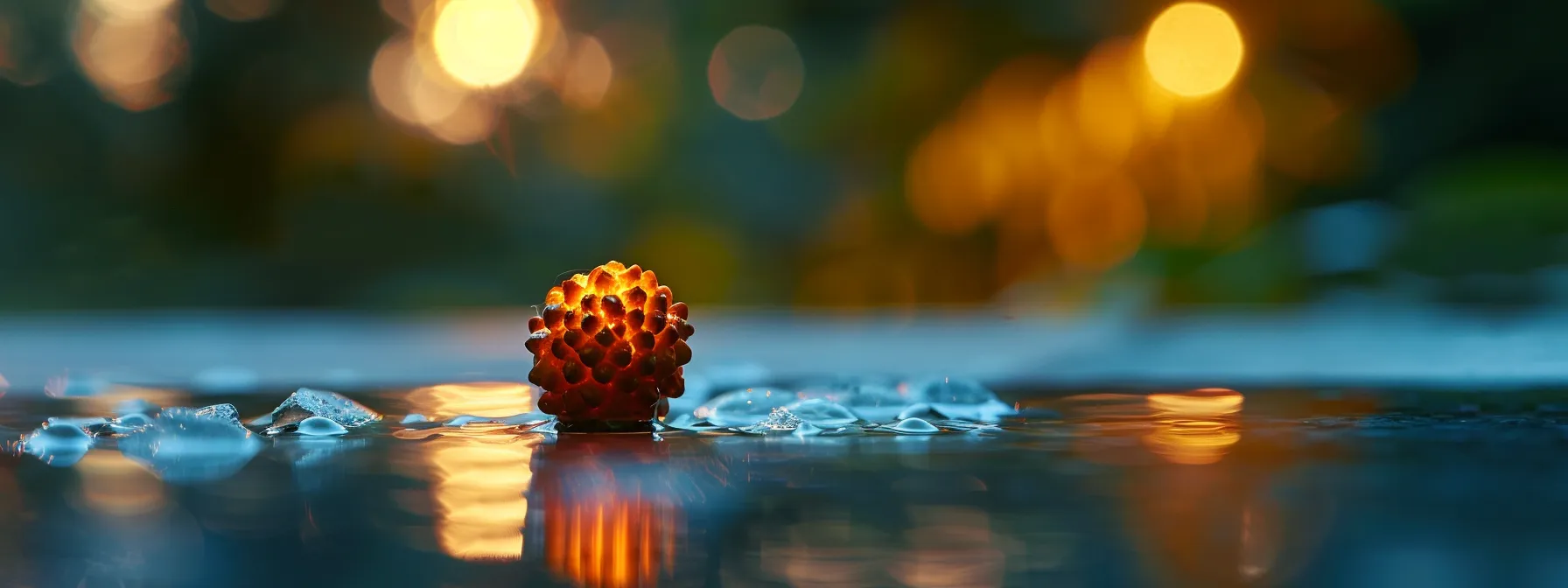 a serene scene of a glowing three mukhi rudraksha bead exuding a calming and healing energy, symbolizing emotional well-being.