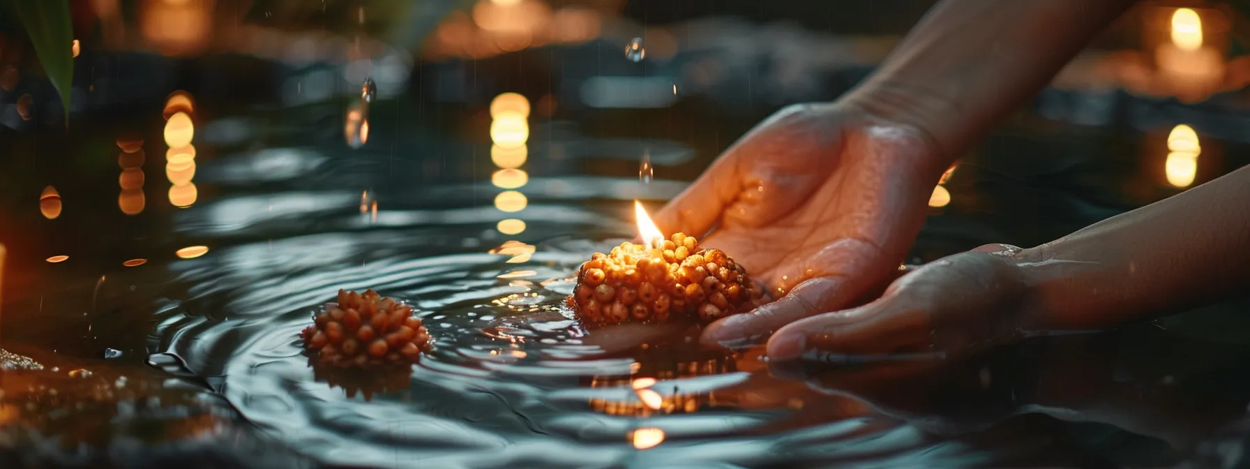 a serene scene of a person delicately cleansing a fourteen mukhi rudraksha under a stream of pure water, surrounded by soft candlelight, showcasing the spiritual purification process.