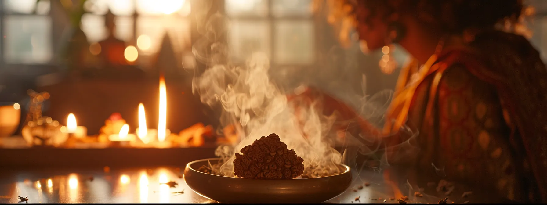 a serene scene of a rudraksha bead being cleansed, surrounded by flickering candlelight and fragrant incense, with a person chanting mantras in the background.