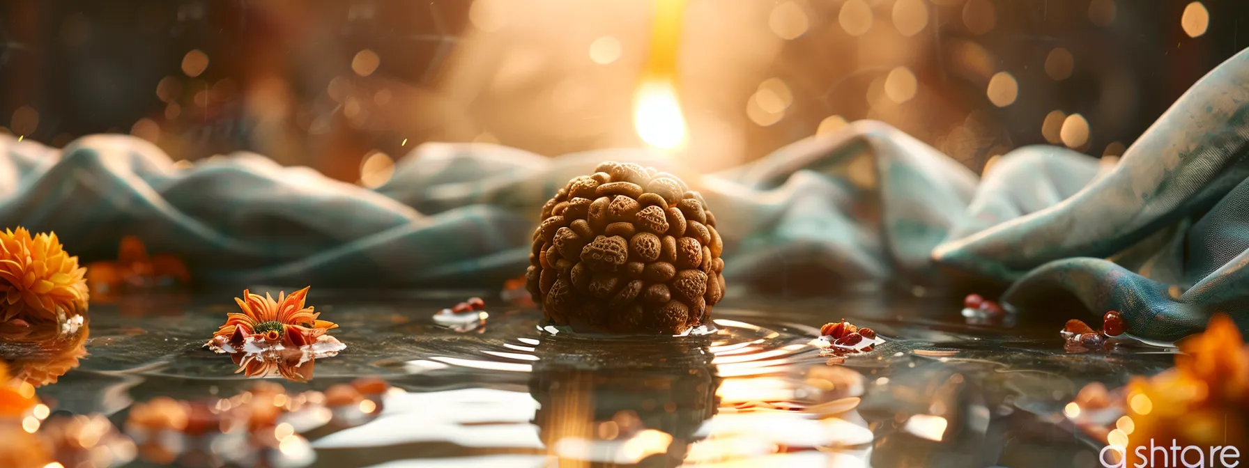 a serene scene of a seven mukhi rudraksha bead surrounded by soft cloths and holy water, with a gentle glow of divine blessings in the background.