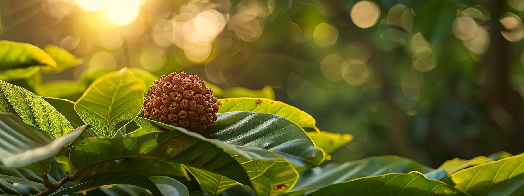 a serene scene of a ten mukhi rudraksha resting on a bed of vibrant green leaves, illuminated by a shaft of golden sunlight.