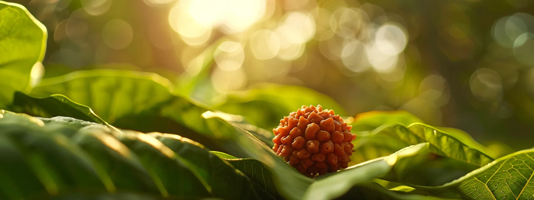 a serene scene of an authentic eight mukhi rudraksha bead resting on a bed of vibrant green leaves, bathed in soft sunlight to highlight its spiritual potency.