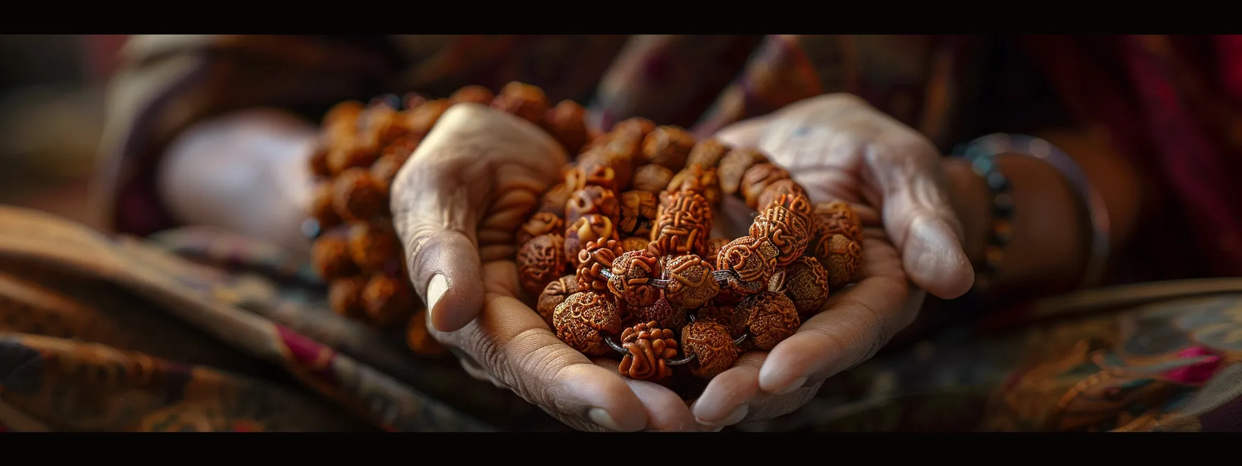 a serene scene of hands delicately cleansing and energizing a string of vibrant rudraksha beads, symbolizing care and reverence for their spiritual significance.