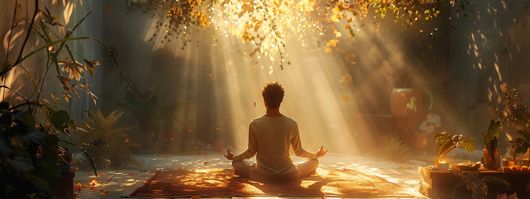 a serene scene, with a person practicing heartmath stress reduction techniques surrounded by a soft, glowing light, showcasing a sense of inner peace and emotional balance.