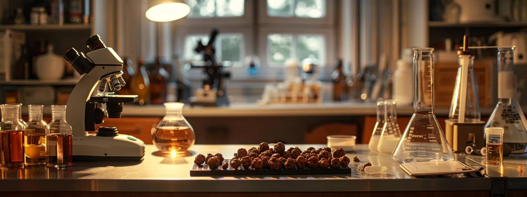 a serene scientific research lab with a one mukhi rudraksha under a bright spotlight, surrounded by beakers and microscopes, symbolizing the intersection of modern research and ancient healing practices.