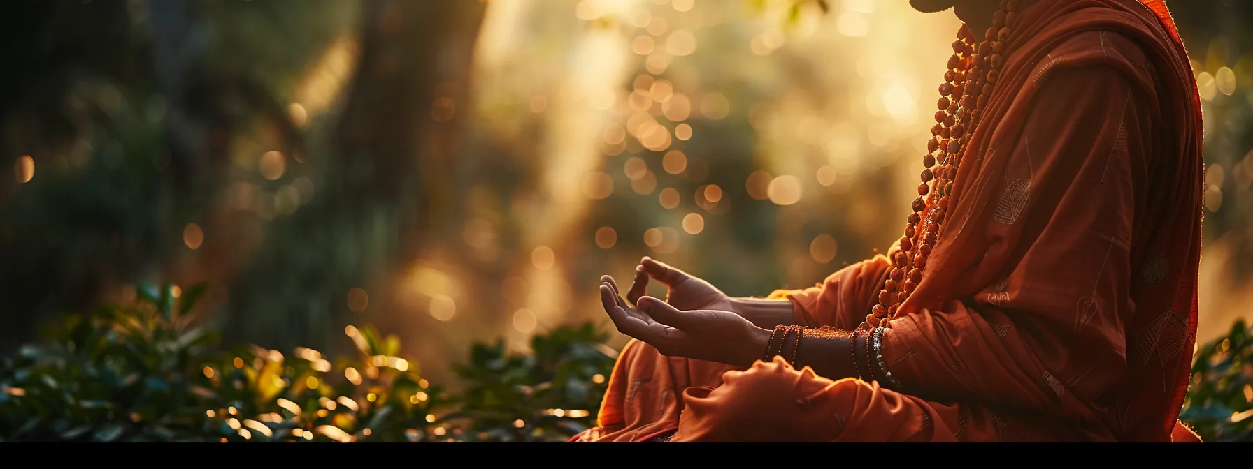 a serene setting featuring a person meditating with a string of rudraksha seeds around their neck, radiating a sense of inner peace and spiritual connection.