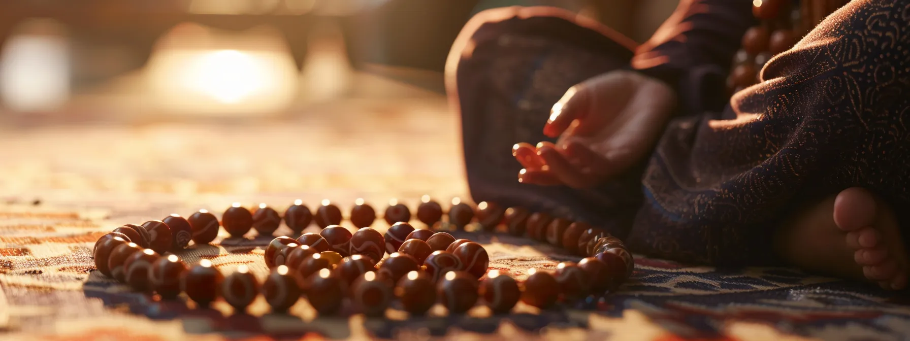 a serene setting with a person meditating, surrounded by shimmering eighteen mukhi rudraksha beads, symbolizing spiritual enlightenment and healing.