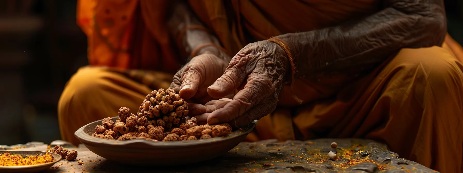 a serene setting with a reputable vendor inspecting a pristine eighteen mukhi rudraksha bead, highlighting its authenticity and sacred significance.