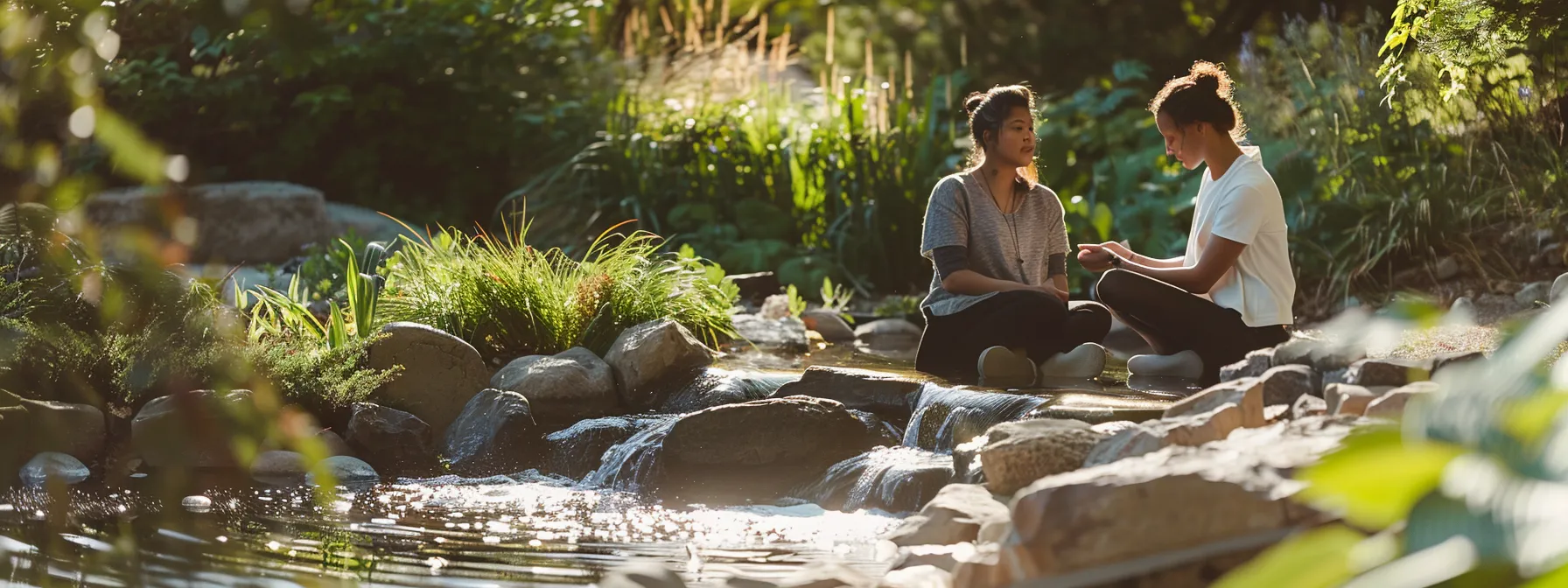 a serene setting with a trusted psych-k facilitator guiding a client through a session, surrounded by calming nature elements like flowing water and greenery.