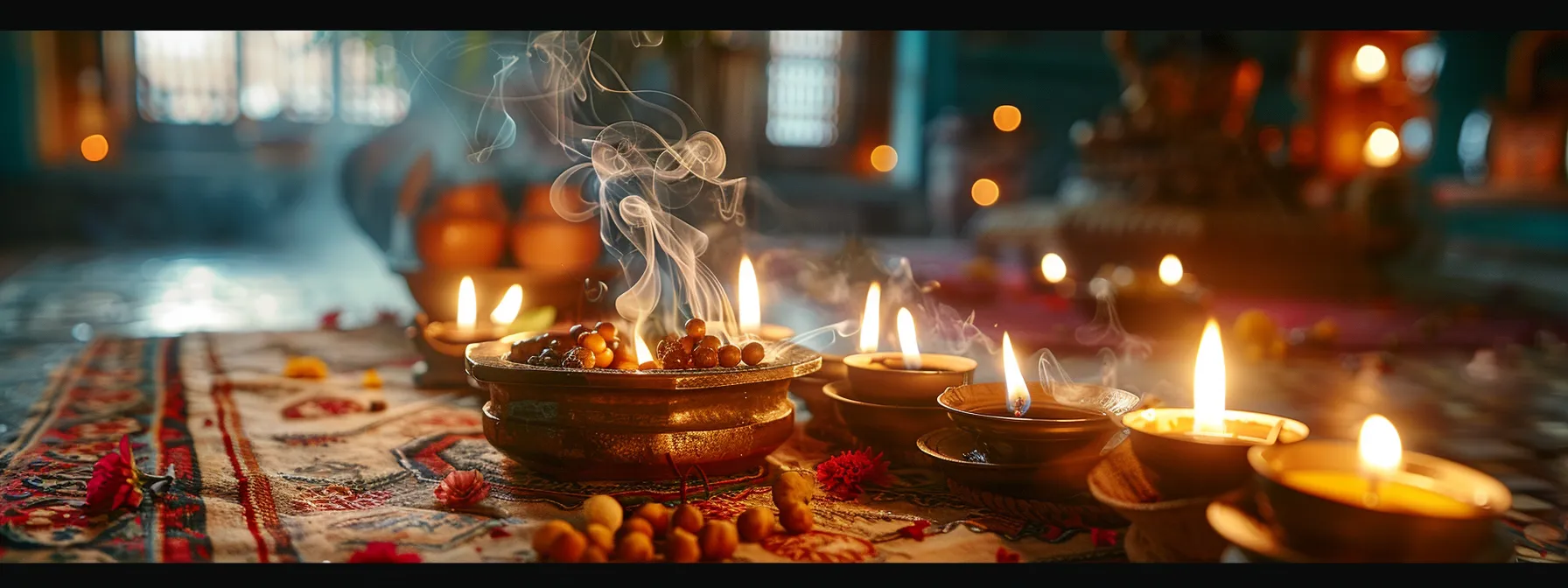 a serene setting with flickering candles, fragrant incense, and sacred symbols, as a practitioner chants mantras to activate the powerful eighteen mukhi rudraksha.