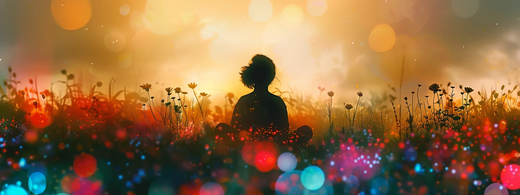 a serene silhouette meditating in a field of vibrant, blossoming thoughts.