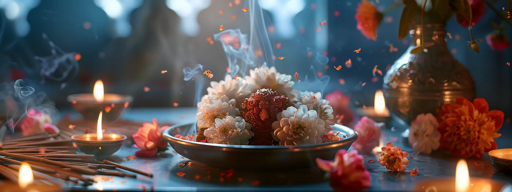 a serene, softly lit altar holding a shimmering twenty one mukhi rudraksha surrounded by fragrant incense and fresh flowers.