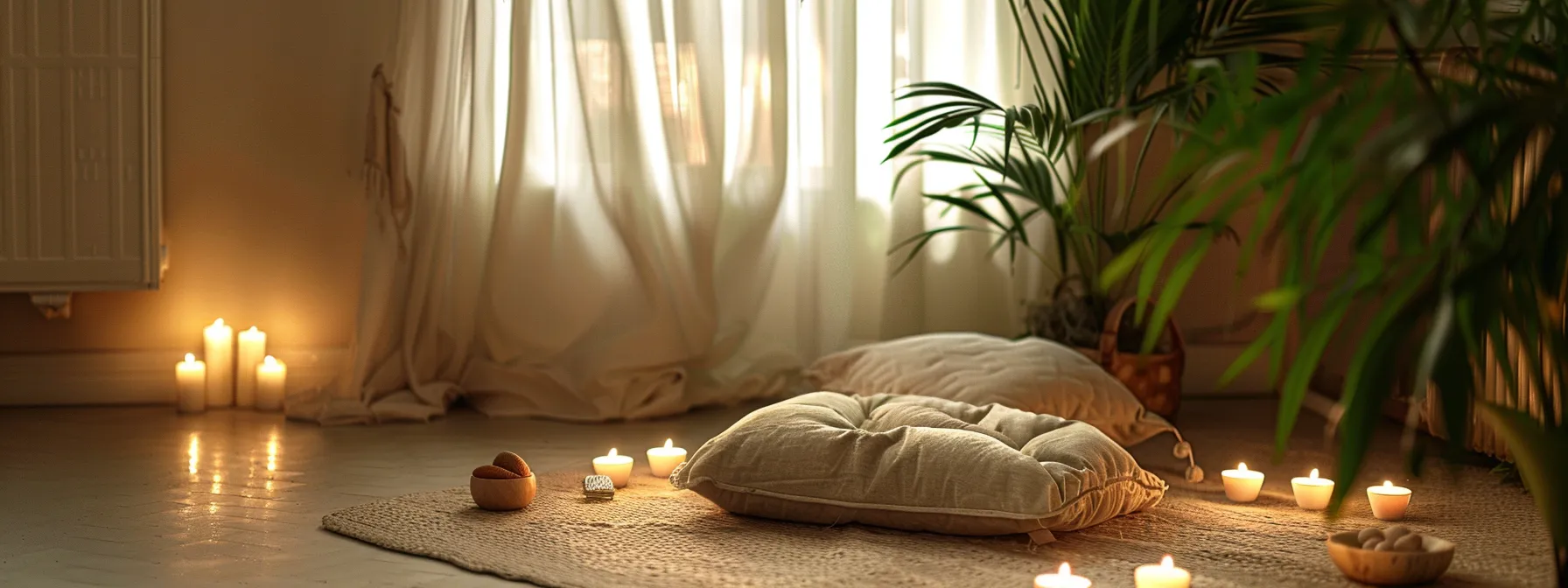 a serene, softly lit room with a cozy meditation corner complete with a cushion, candles, and a lush green plant, creating the perfect environment for heartmath practices.