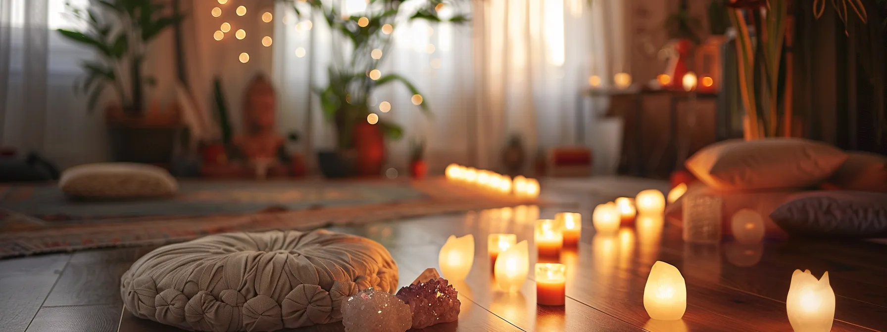 a serene space with soft cushions, calming crystals, and flickering candles set up for root chakra grounding exercises.