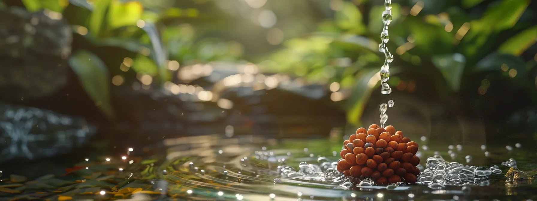 a serene, sunlight-dappled rudraksha bead being delicately washed with pure water in a tranquil, natural setting.