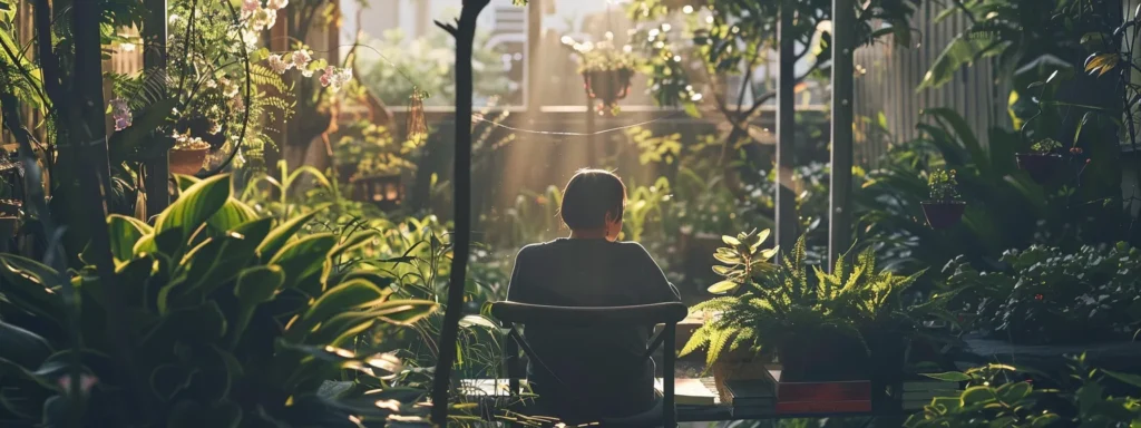 a serene, sunlit garden with a lone figure deep in thought, surrounded by inspirational books and gentle breezes.