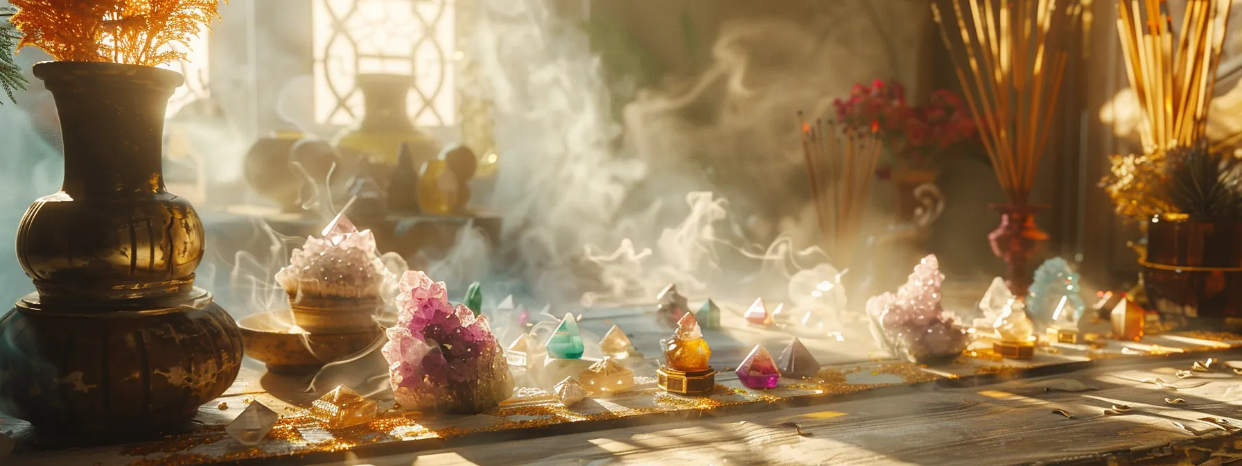 a serene, sunlit room filled with sparkling crystals arranged meticulously on a table, reflecting the vibrant colors of the chakras, surrounded by soft incense smoke creating a peaceful, harmonious atmosphere.