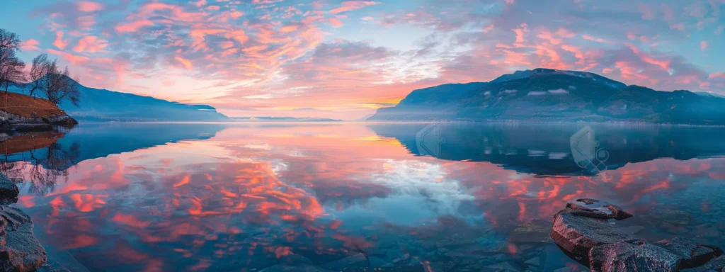 a serene sunrise over a tranquil lake, reflecting the vibrant colors of the sky, embodying the power of the law of attraction.