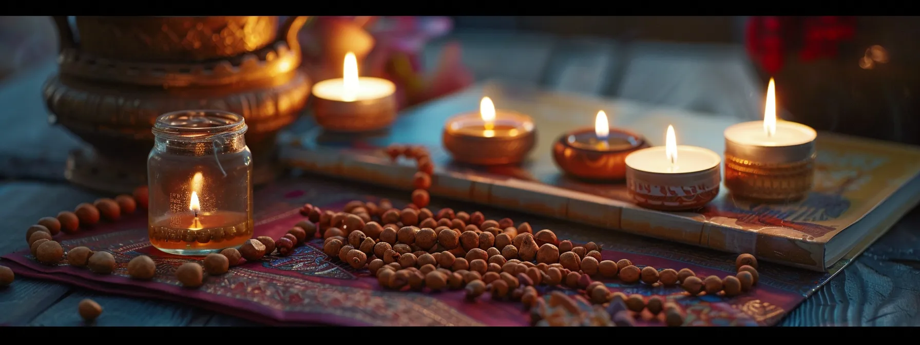 a serene table set with rudraksha beads, a jar of ghee, and incense, surrounded by flickering candles and a peaceful mantra book.