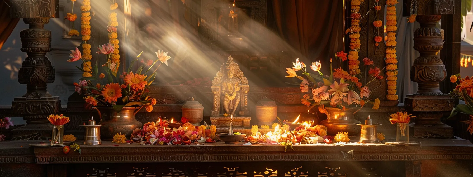 a serene temple altar adorned with floral offerings and a glowing image of lakshmi, with the om hreem namah mantra inscribed in ancient script.