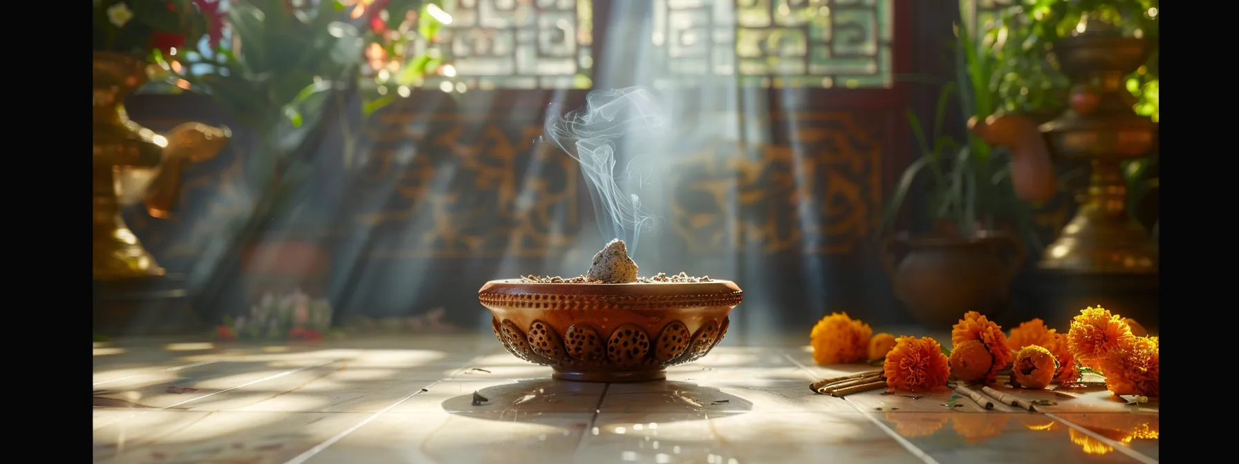 a serene, well-lit meditation room with a genuine nineteen mukhi rudraksha bead placed on a beautiful altar surrounded by incense and flowers.