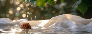 a serene, white cloth-covered surface with a single seven-faced rudraksha gently being cleansed by a stream of pure water.