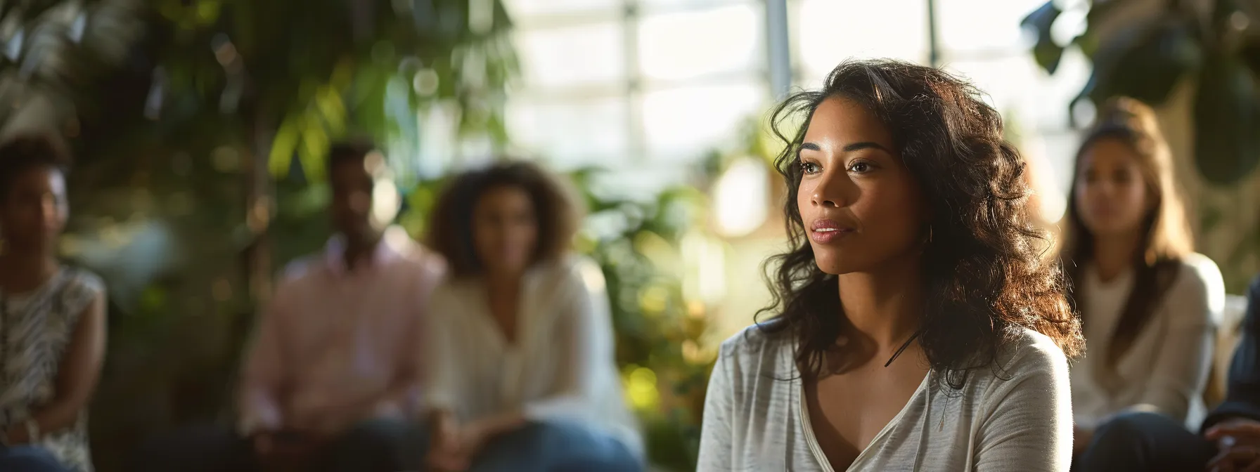 a serene woman in a peaceful setting, surrounded by supportive facilitators, practicing positive self-reflection and transformation through psych-k techniques.