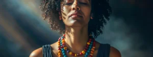 a serene woman with closed eyes wearing a vibrant and powerful eighteen mukhi rudraksha necklace.