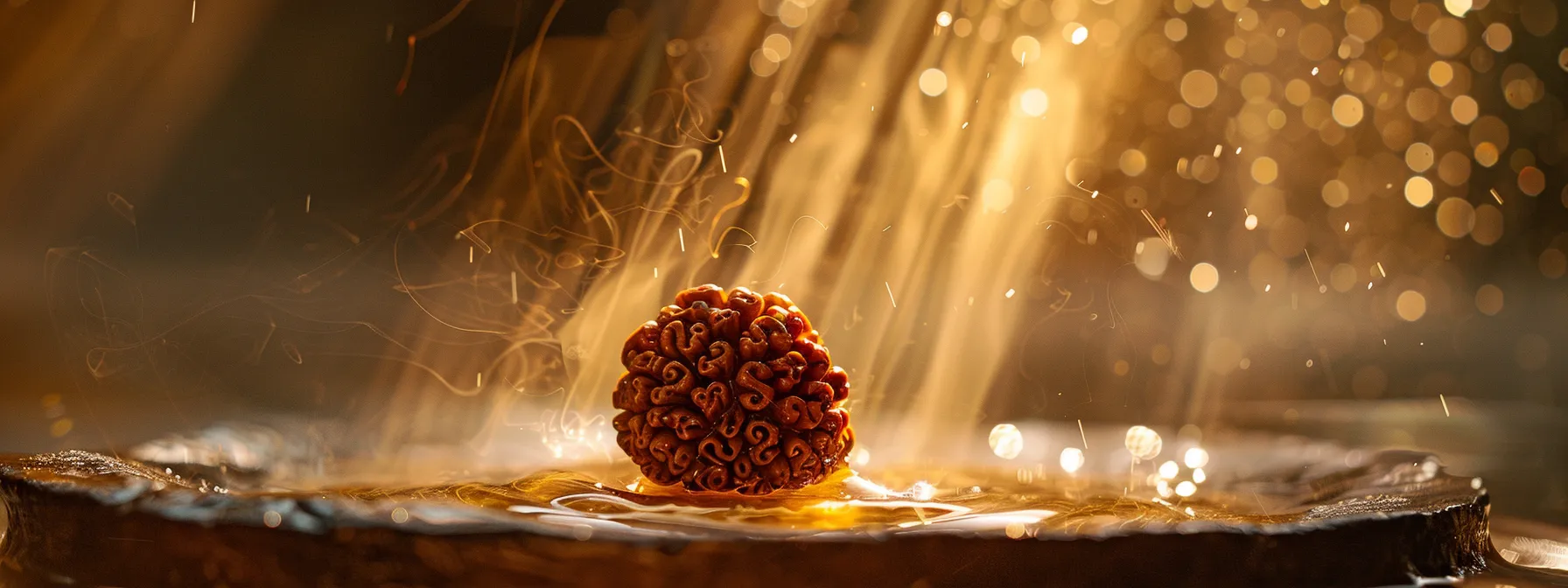 a seven mukhi rudraksha bead being cleansed with ghee, radiating a vibrant energy and purity.