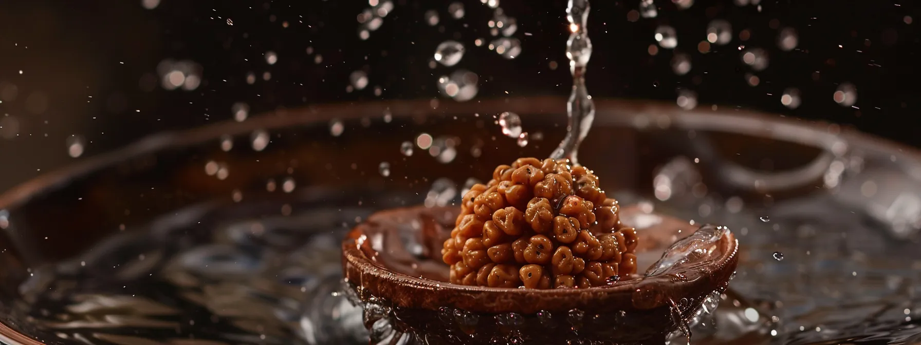 a seven mukhi rudraksha seed being gently washed with pure water, gleaming with a natural luster after being polished, highlighting its spiritual significance.