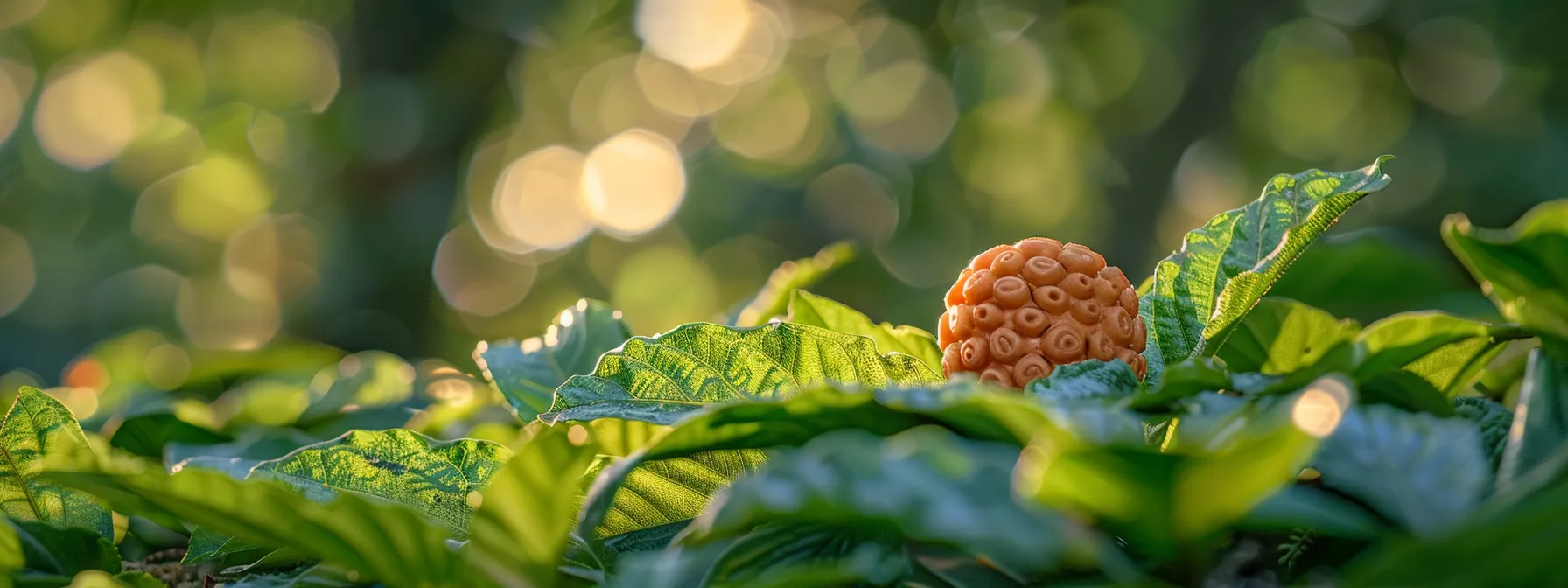 a seven mukhi rudraksha sitting on a bed of vibrant green leaves, bathed in the gentle glow of sunlight, radiating a sense of spiritual energy and rejuvenation.