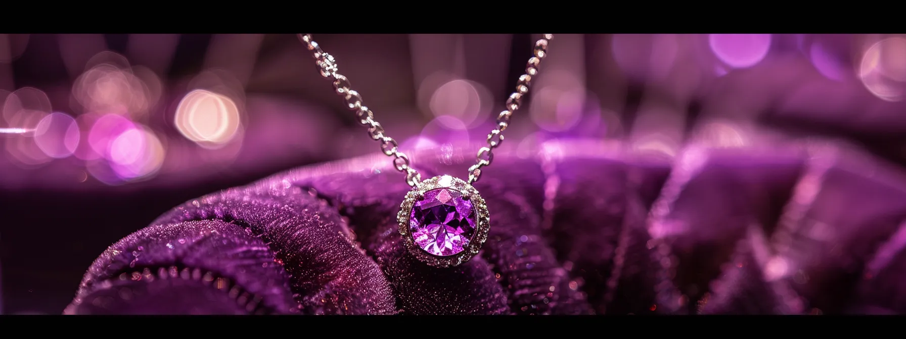 a shimmering amethyst necklace hangs delicately on a velvet display, exuding an aura of timeless sophistication.