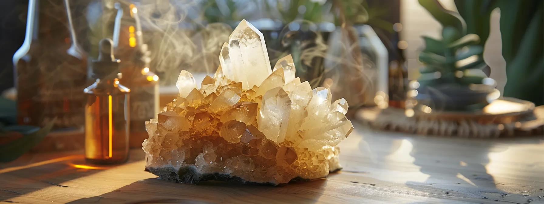 a shimmering crystal cluster surrounded by earthy essential oils on a wooden surface, creating a serene and grounding atmosphere.