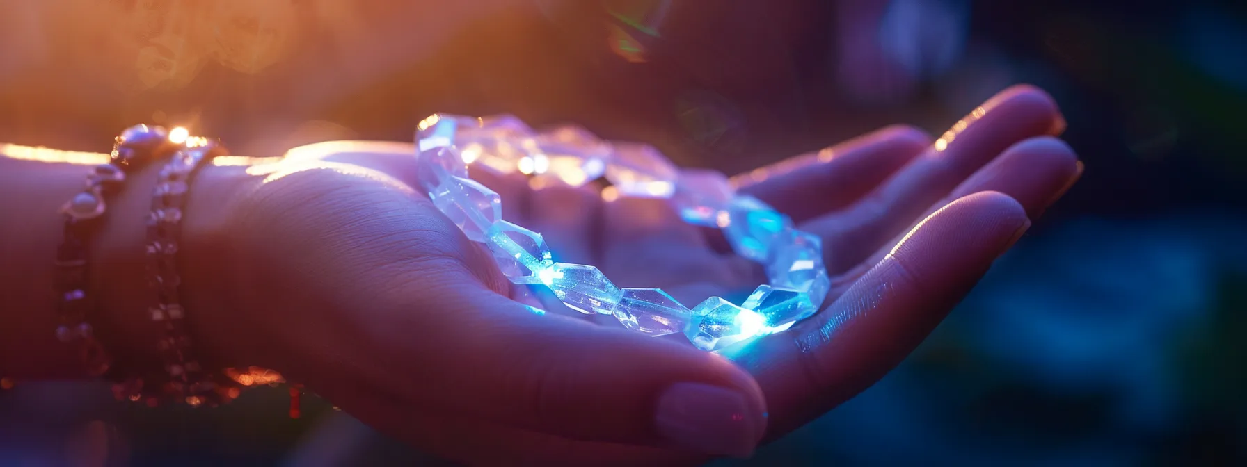 a shimmering crystal quartz bracelet glowing on a peaceful hand, radiating calm and healing energy.