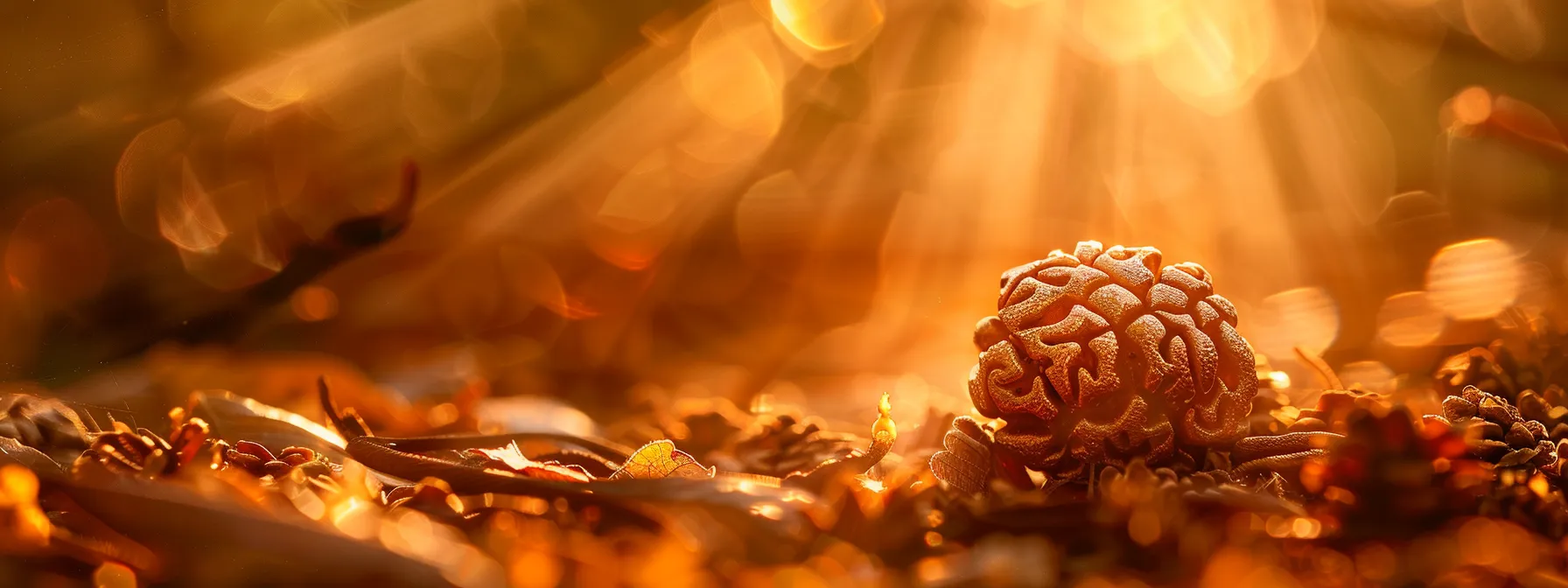 a shimmering eight mukhi rudraksha bead lying on a bed of cleansing herbs, surrounded by rays of cleansing light.