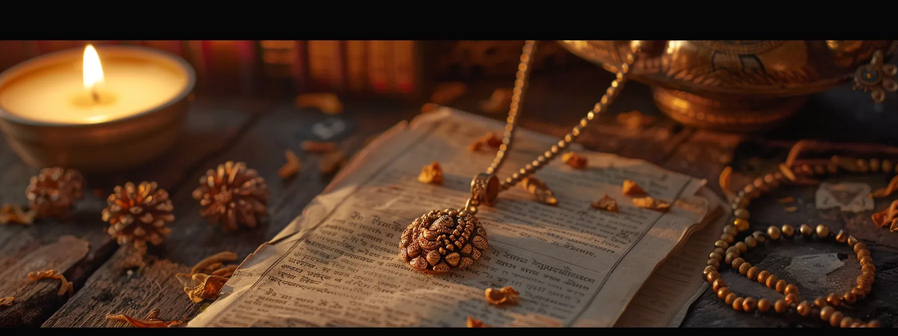 a shimmering eighteen mukhi rudraksha pendant, surrounded by ancient scriptures and mythological artifacts, evoking a sense of divine power and mystical allure.