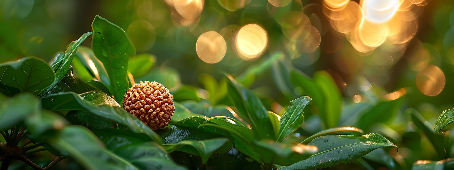 a shimmering eighteen mukhi rudraksha bead resting on a bed of lush green leaves, radiating a sense of grounding and spiritual connection to earth energy.