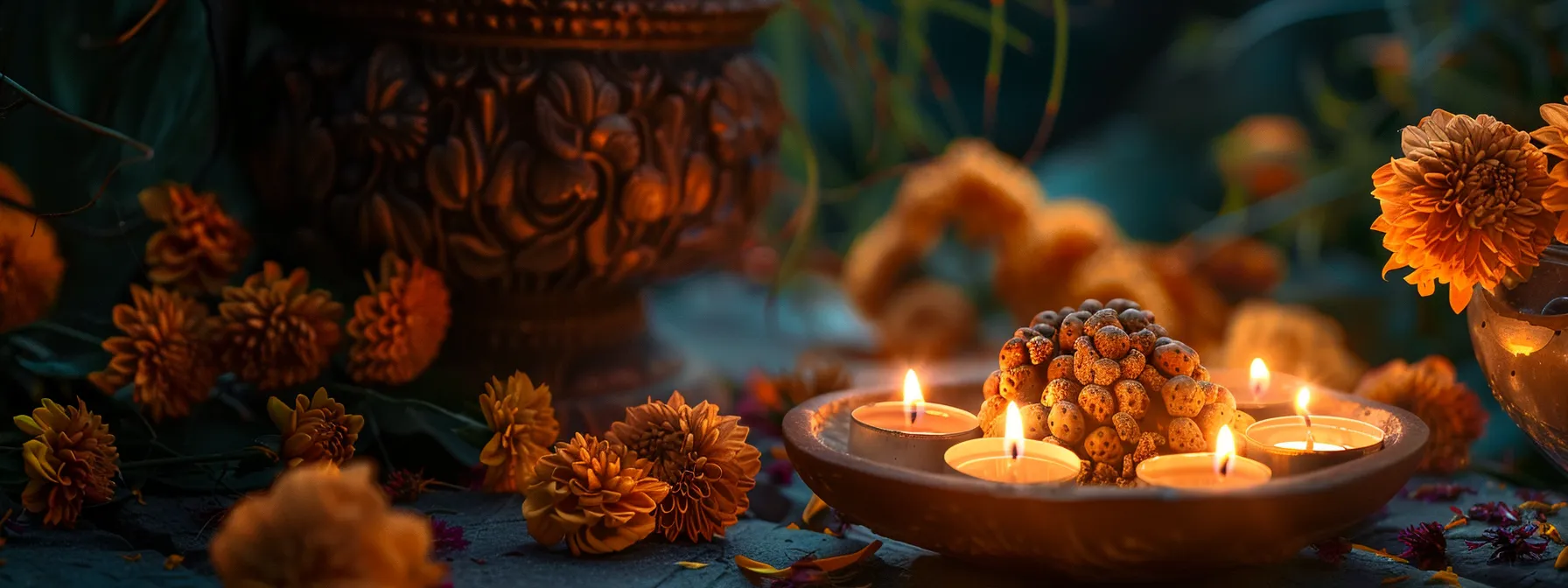 a shimmering eleven mukhi rudraksha beads glisten on a small altar, surrounded by soft candlelight and fragrant flowers in a serene and sacred space.