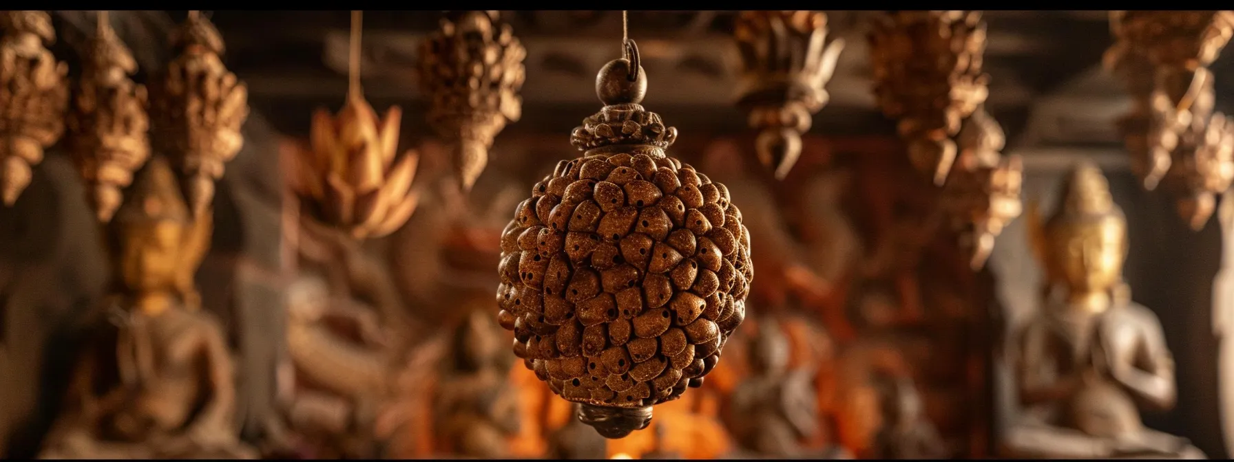 a shimmering fifteen mukhi rudraksha suspended against a backdrop of ancient sculptures, embodying timeless spiritual significance.