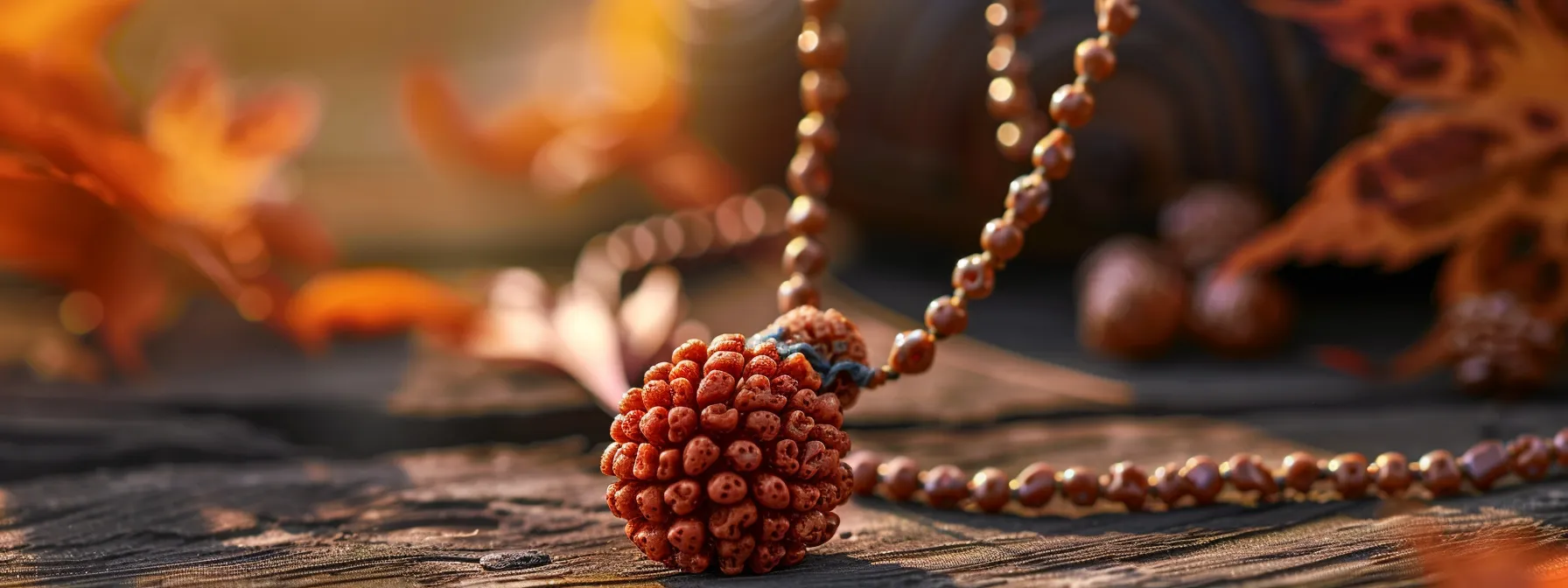 a shimmering fifteen mukhi rudraksha pendant glowing with spiritual energy, symbolizing prosperity and wealth.