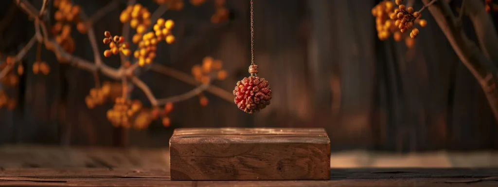 a shimmering, golden eight mukhi rudraksha pendant hanging from a rustic wooden display stand.