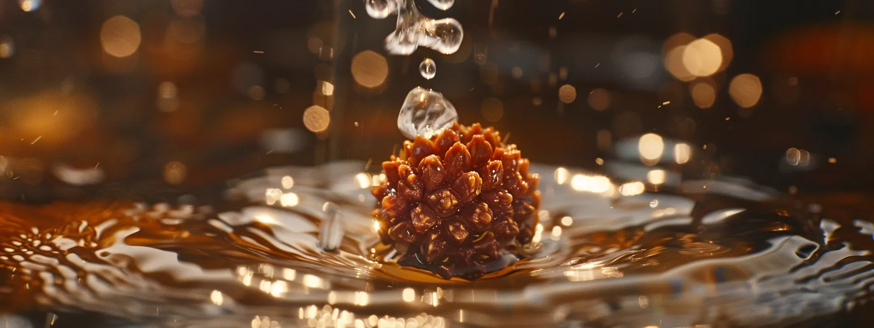 a shimmering nineteen mukhi rudraksha bead being gently washed with pure water, reflecting its divine connection to wealth and spirituality.